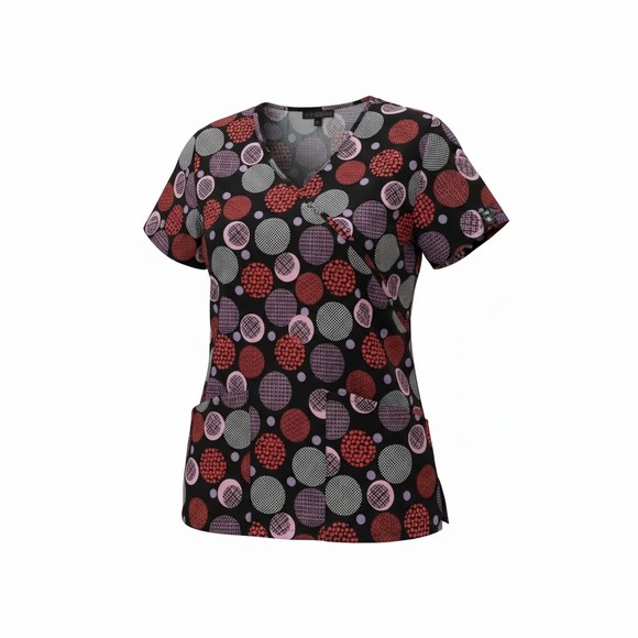 Flex Medical Scrub Top Women LG Geometric Dot Print V Neck Short Sleeve Pockets‎ - Picture 2 of 5